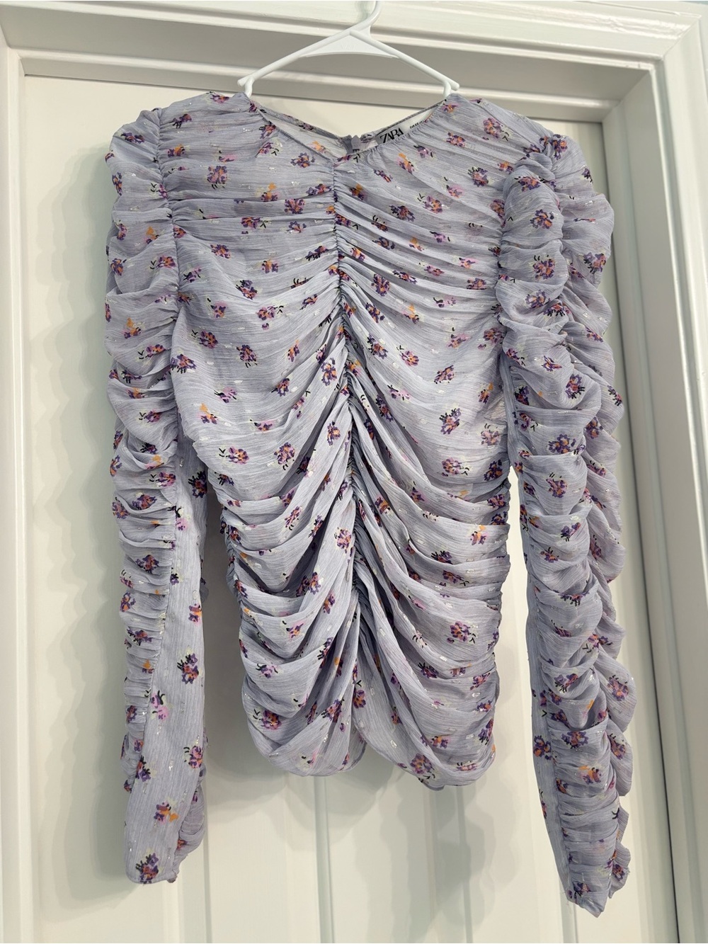 Zara Sheer Lilac Floral Ruched Long-Sleeve Top